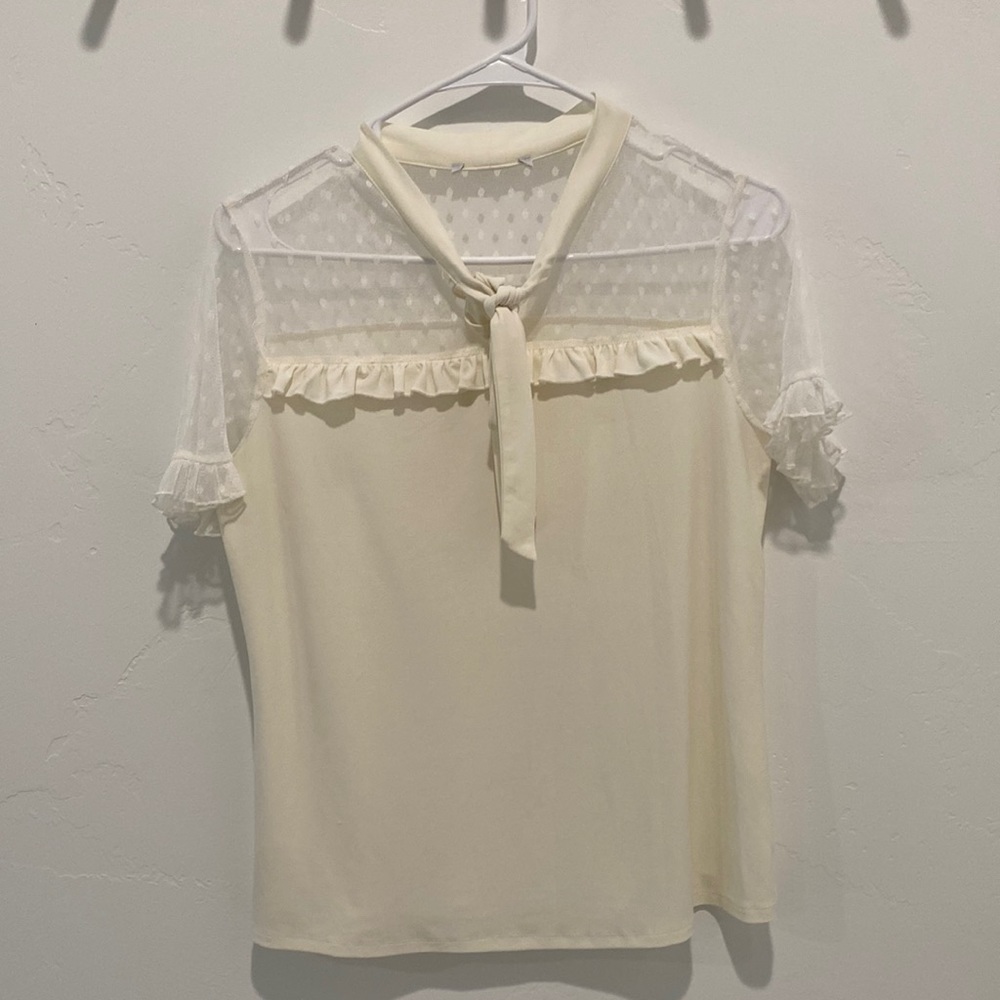 Cream Sheer Tie Neck Blouse Small